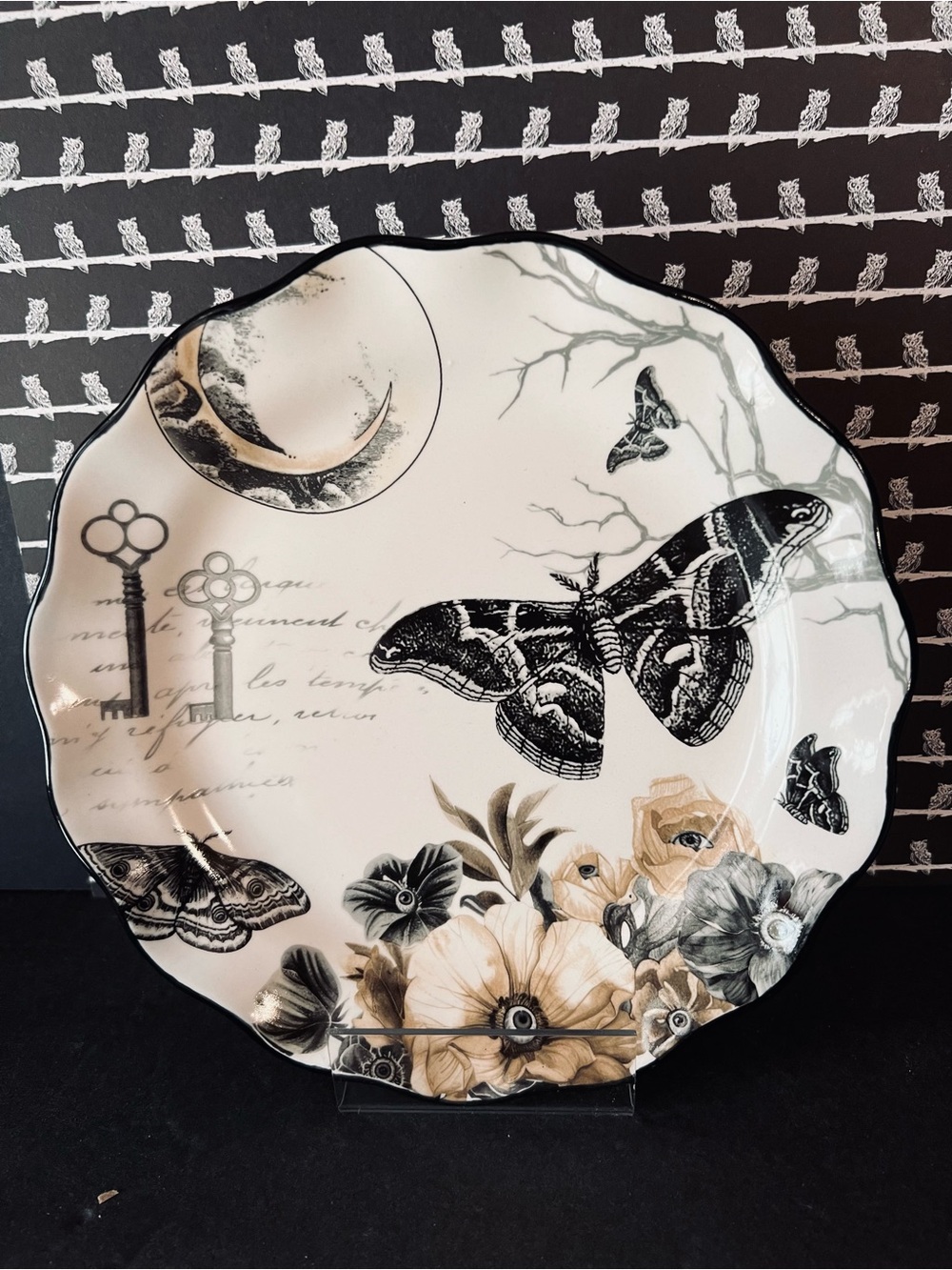 Halloween Gothic Moths Scalloped Salad Plate Elegant Stoneware Flowers Moon Tree